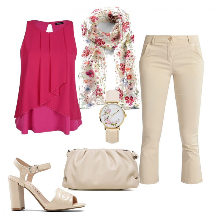 Outfit donna - Il foulard a fiori. Stile Casual chic per Tutti i giorni. Abbinamento con foulard, sandali col tacco, top, pantaloni, borse a tracolla, orologi.