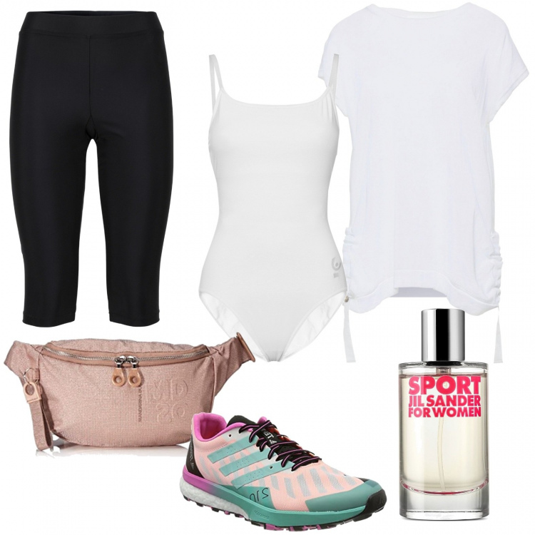 Outfit donna - Sport. Stile Basic per Sport. Abbinamento con leggings, pullovers, profumi, body, scarpe sportive, marsupi.