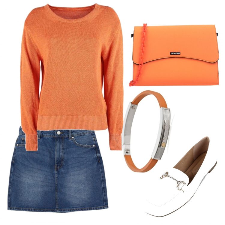 Outfit donna - Total look #1391281. Stile Casual per Tutti i giorni. Abbinamento con borse a tracolla, maglieria, mocassini, minigonne, braccialetti.