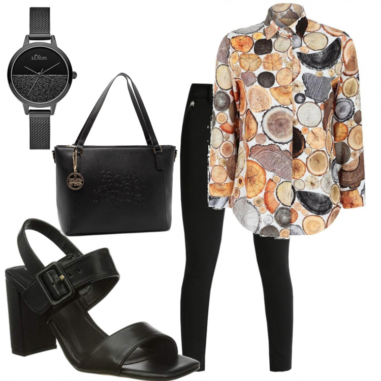 Outfit donna - Total look #1391282. Stile Casual per Ufficio. Abbinamento con camicie, pantaloni, shopping bag, sandali col tacco, orologi analogici.