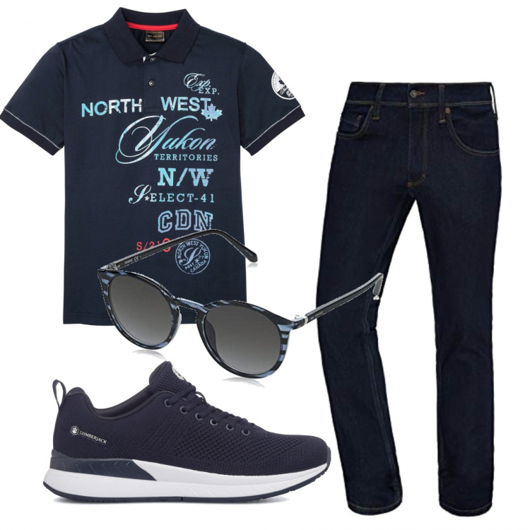 Outfit uomo - Jeans e polo. Stile Casual per Tutti i giorni. Abbinamento con polo, sneakers, occhiali da sole, jeans.