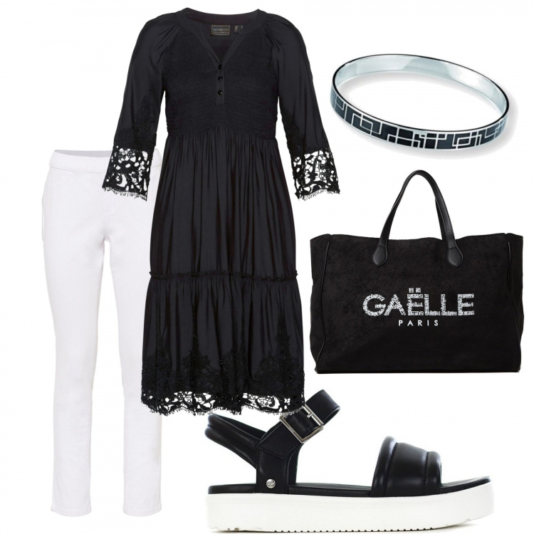Outfit donna - Black&White #2. Stile Casual per Tutti i giorni. Abbinamento con vestiti chemisier, jeggings, shopping bag, sandali in pelle, braccialetti.