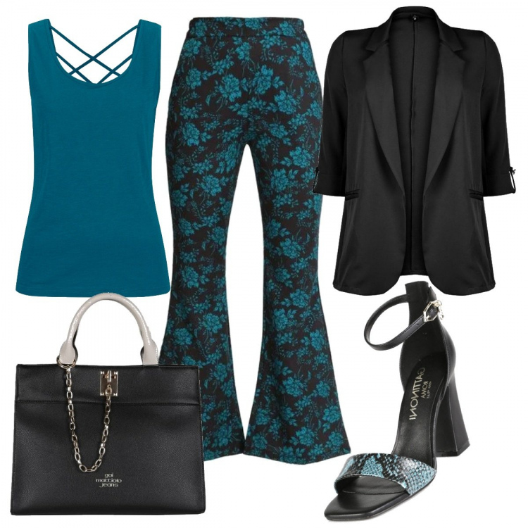 Outfit donna - In ufficio con stile. Stile Casual chic per Ufficio. Abbinamento con top, sandali in pelle, pantaloni, blazer, borse a mano.