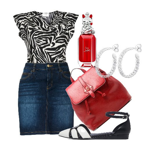 Outfit donna - Denim e animalier. Stile Urban per Serata fuori. Abbinamento con gonne, bluse, zaini, ballerine, profumi, orecchini.