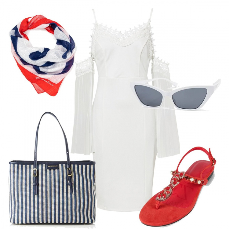 Outfit donna - Bianco, blu e rosso...ed è subito Estate. Stile Casual chic per Mare. Abbinamento con vestiti, sandali gioiello, foulard, borse a tracolla, occhiali da sole.
