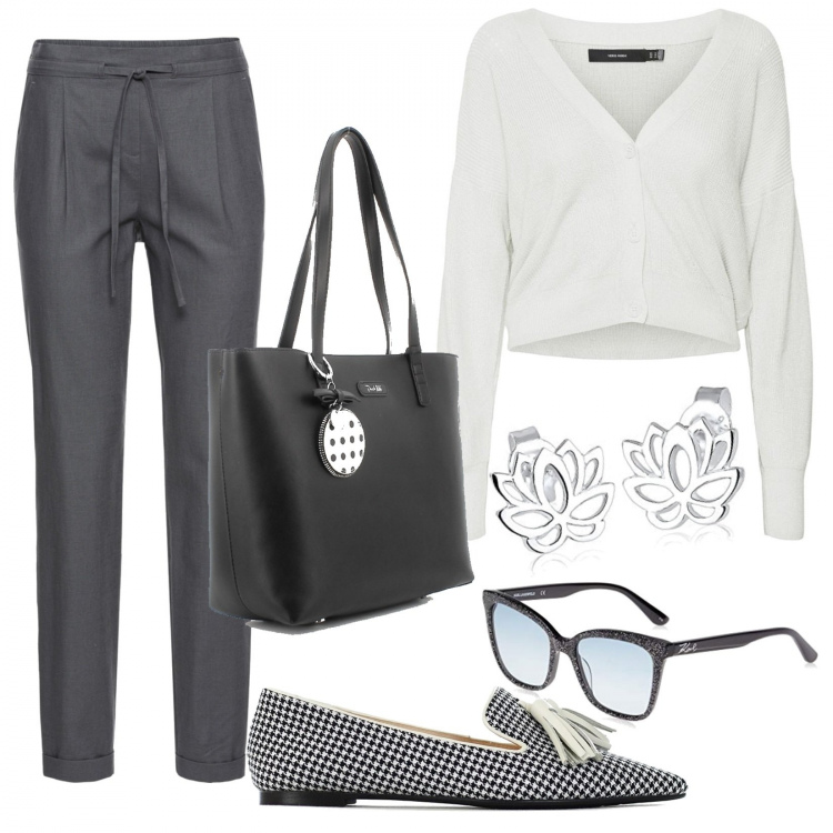Outfit donna - In ufficio mercoledì. Stile Bon Ton per Ufficio. Abbinamento con pantaloni, mocassini, shopping bag, cardigans, occhiali da sole, orecchini.