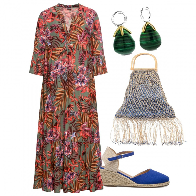 Outfit donna - L\'abito colorato - curvy. Stile Boho per Tutti i giorni. Abbinamento con vestiti lunghi, borse a mano, espadrillas, orecchini.