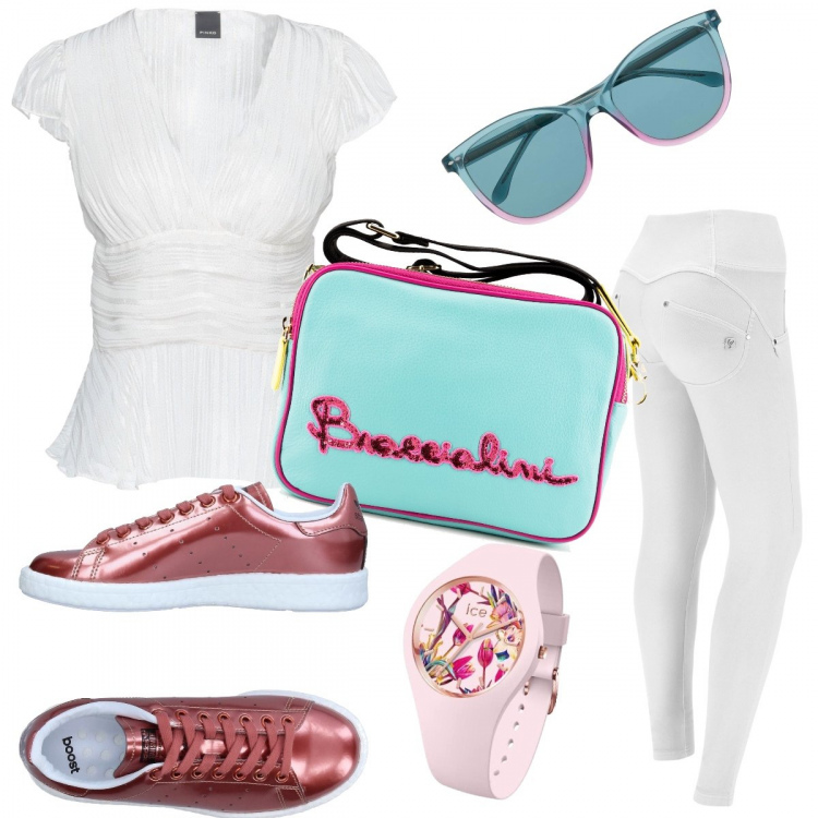 Outfit donna - Giornale. Stile Casual chic per Tutti i giorni. Abbinamento con bluse, sneakers, pantaloni skinny, borse a tracolla, occhiali da sole, orologi.