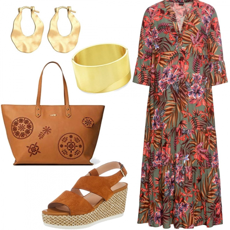 Outfit donna - Total look #1391971. Stile Boho per Tutti i giorni. Abbinamento con vestiti lunghi, sandali in pelle, braccialetti, orecchini, borse a mano.