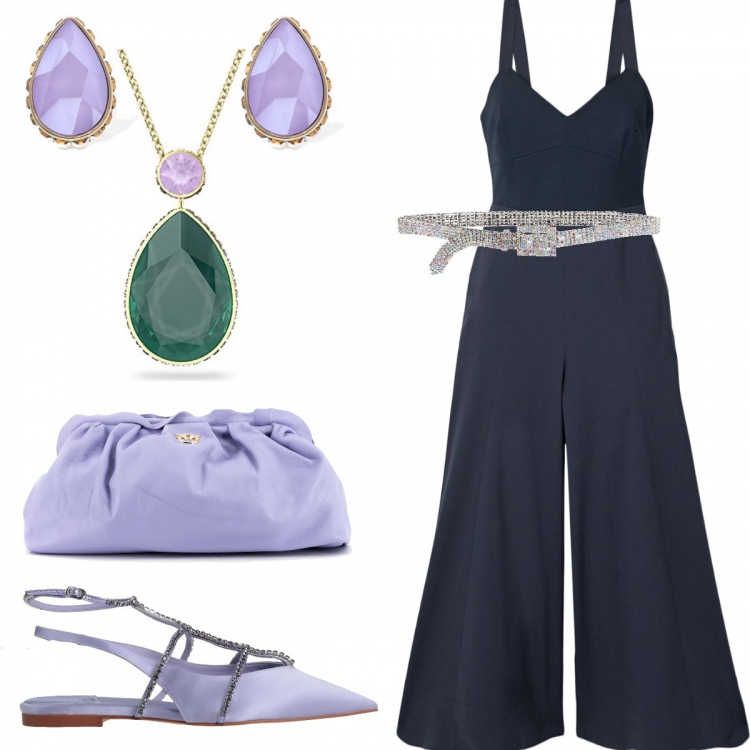 Outfit donna - Festa in tuta. Stile Glamour per Serata fuori. Abbinamento con ballerine, tute, cinture, borse a tracolla, orecchini, ciondoli.