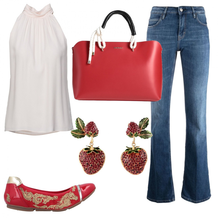 Outfit donna - Rosso e .... Stile Casual chic per Serata fuori. Abbinamento con ballerine, orecchini, top, borse a mano, jeans.