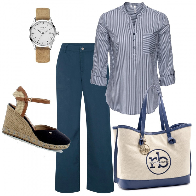 Outfit donna - La camicia a righe. Stile Mannish per Tutti i giorni. Abbinamento con tuniche, pantaloni, shopping bag, zeppe, orologi.