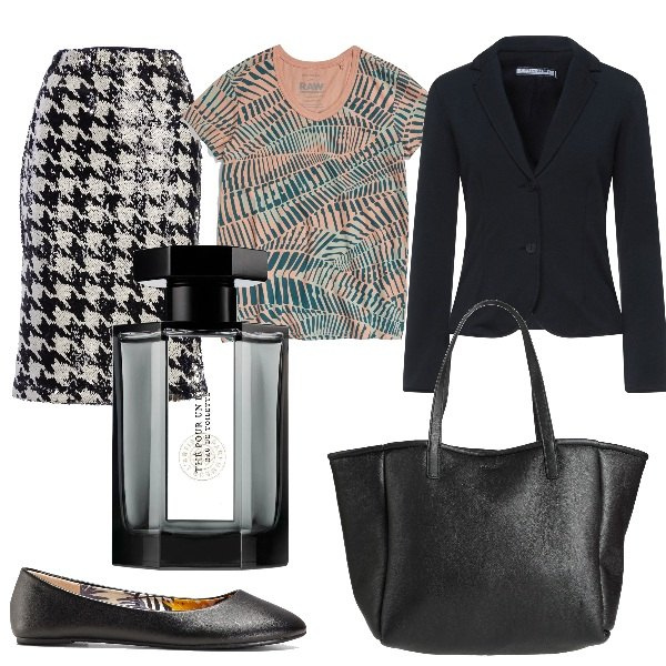 Outfit donna - Rientro in città. Stile Chic per Ufficio. Abbinamento con ballerine, blazer, borse a mano, gonne longuette, top, profumi.