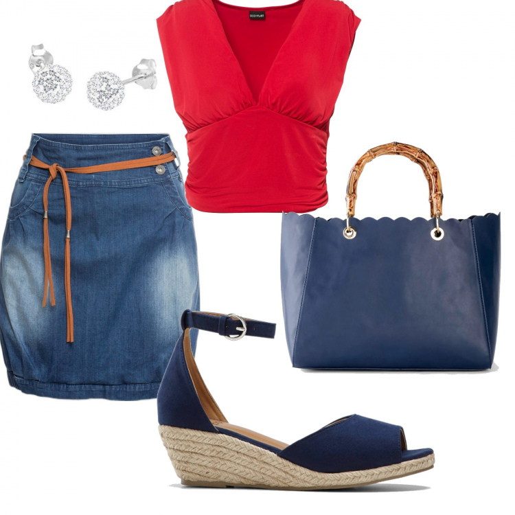 Outfit donna - Ortensia. Stile Urban per Ufficio. Abbinamento con minigonne, top, borse a mano, sandali, orecchini.