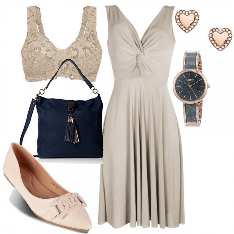 Outfit donna - Perfetta e comoda al lavoro. Stile Casual per Ufficio. look ideale per Petite. Abbinamento con reggiseni, vestiti senza maniche, ballerine, borse a tracolla, orecchini, orologi analogici.