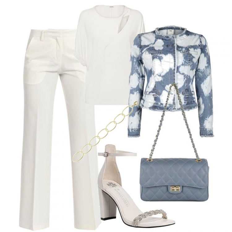 Outfit donna - In ufficio. Stile Casual chic per Ufficio. Abbinamento con cardigans, giacche, pantaloni, borse a tracolla, sandali col tacco, braccialetti.