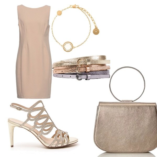 Outfit donna - Chic #11525. Stile Chic per Cerimonia. Abbinamento con cinture, vestito corto a tubino senza maniche con zip interno sfoderato crêpe, bracciale effetto metallizzato con logo, sandali glitter con cinturino in pelle sintetica, shopping bag oro.