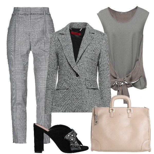 Outfit donna - Un po\' di estate in ufficio. Stile Bon Ton per Ufficio. Abbinamento con blazer, top, sandali in pelle, pantaloni, borse a mano.