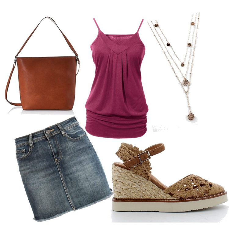 Outfit donna - Pomeriggio al parco. Stile Casual per Tutti i giorni. Abbinamento con top, ciondoli, minigonne, zeppe, borse a cartella.