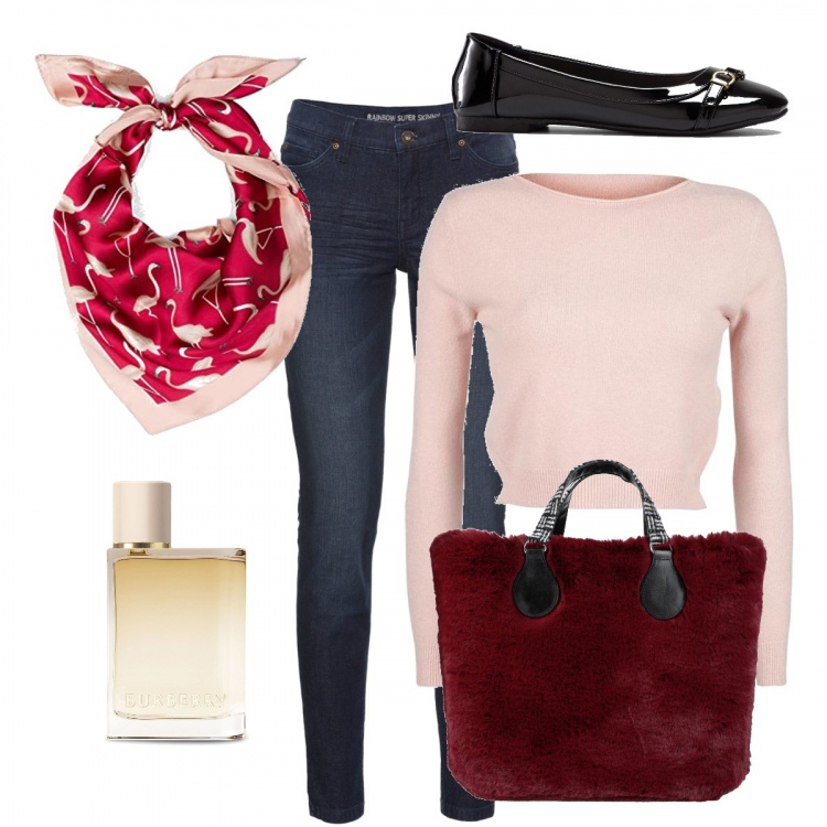 Outfit donna - Il rosso che scalda. Stile Bon Ton per Tutti i giorni. Abbinamento con jeans skinny, ballerine, borse a mano, maglieria, profumi, foulard.
