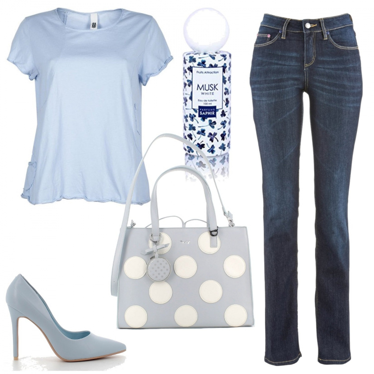 Outfit donna - La borsa a tracolla a pois. Stile Casual chic per Serata fuori. Abbinamento con jeans dritti, t-shirt, borse a tracolla, sandali, profumi.