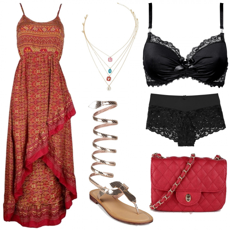 Outfit donna - Il mio stile Boho chic. Stile Boho per Serata fuori. Abbinamento con culotte, reggiseni, vestiti asimmetrici, sandali alla schiava, borse a mano, collane.