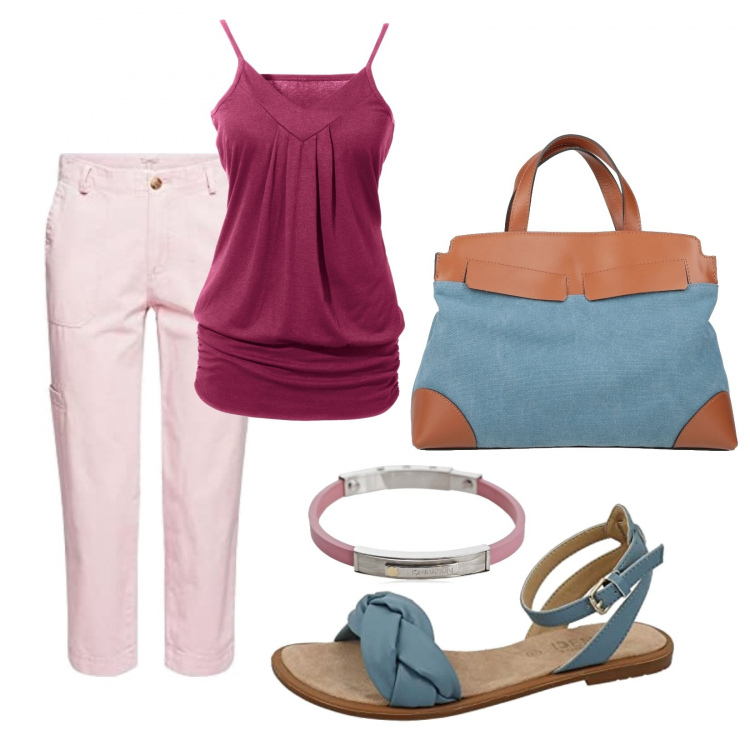 Outfit donna - Total look #1392919. Stile Glamour per Tutti i giorni. Abbinamento con top, borse a mano, pantaloni, sandali, braccialetti.