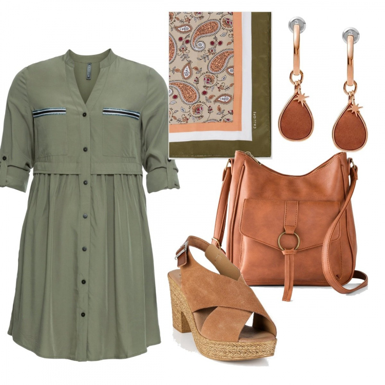 Outfit donna - Serata di fine estate. Stile Casual chic per Serata fuori. Abbinamento con borse a tracolla, vestiti chemisier, sandali in pelle, foulard, orecchini.