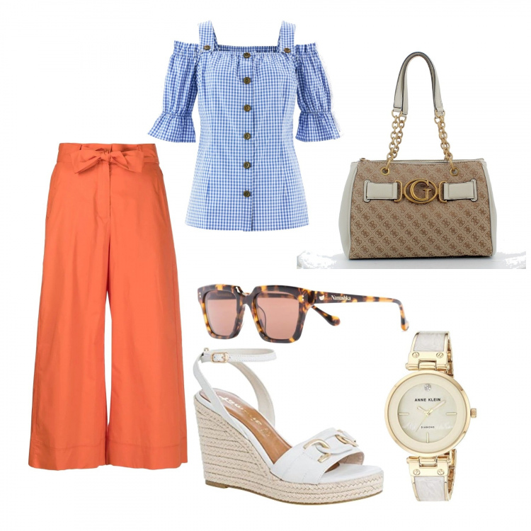 Outfit donna - Passeggiata in centro. Stile Casual chic per Tutti i giorni. Abbinamento con camicie a manica corta, occhiali da sole, pantaloni a palazzo, borse a mano, orologi analogici, sandali col tacco.