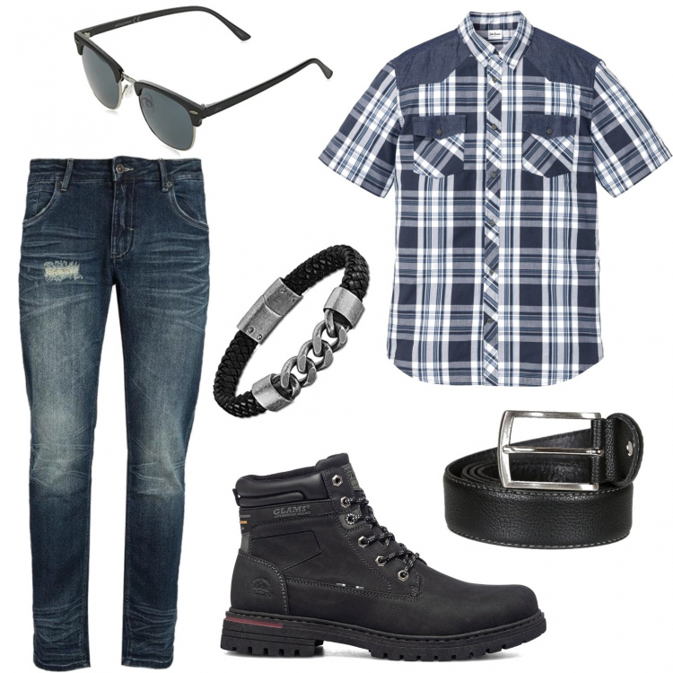 Outfit uomo - Cattivo ma non troppo. Stile Urban per Tutti i giorni. Abbinamento con camicie a manica corta, cinture, jeans slim fit, stivali e stivaletti, occhiali da sole, braccialetti.