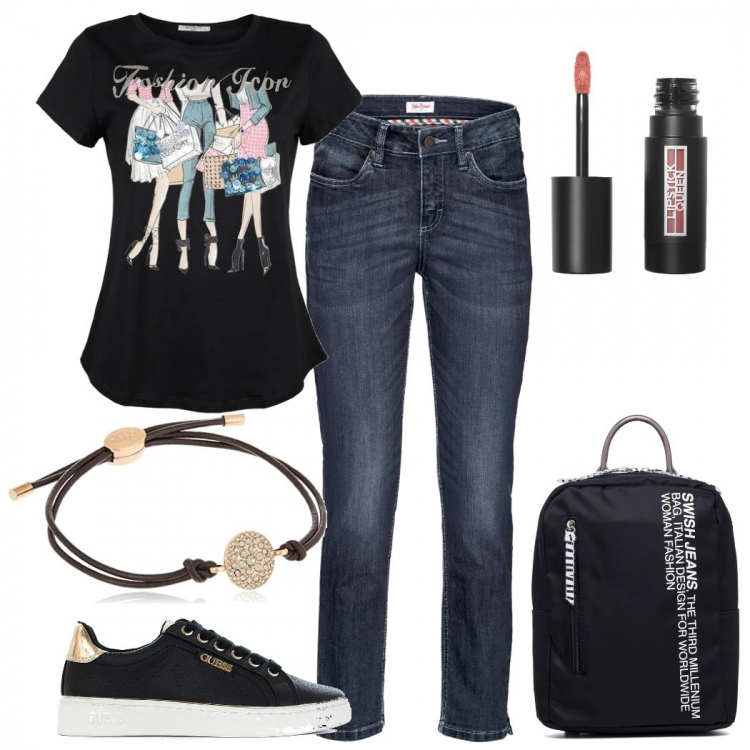 Outfit donna - Look basic. Stile Basic per Tutti i giorni. Abbinamento con jeans, t-shirt, sneakers, zaini, braccialetti, rossetti.