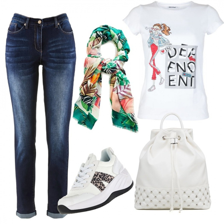 Outfit donna - Foulard come abbinarlo. Stile Basic per Tutti i giorni. Abbinamento con jeans boyfriend, t-shirt, sneakers, zaini, sciarpe.