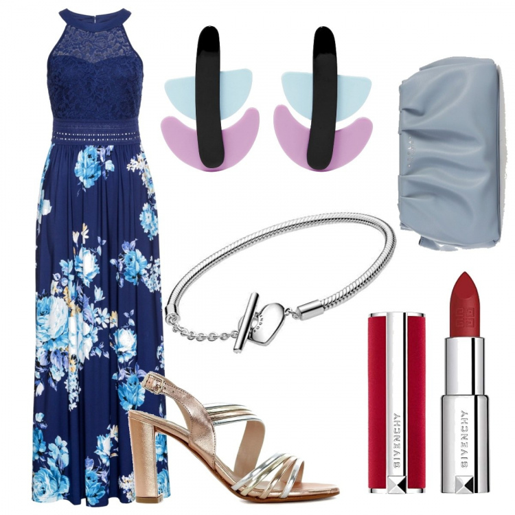Outfit donna - Total look #1393622. Stile Chic per Serata fuori. Abbinamento con vestiti lunghi, orecchini, sandali in pelle, pochette, rossetti, braccialetti.