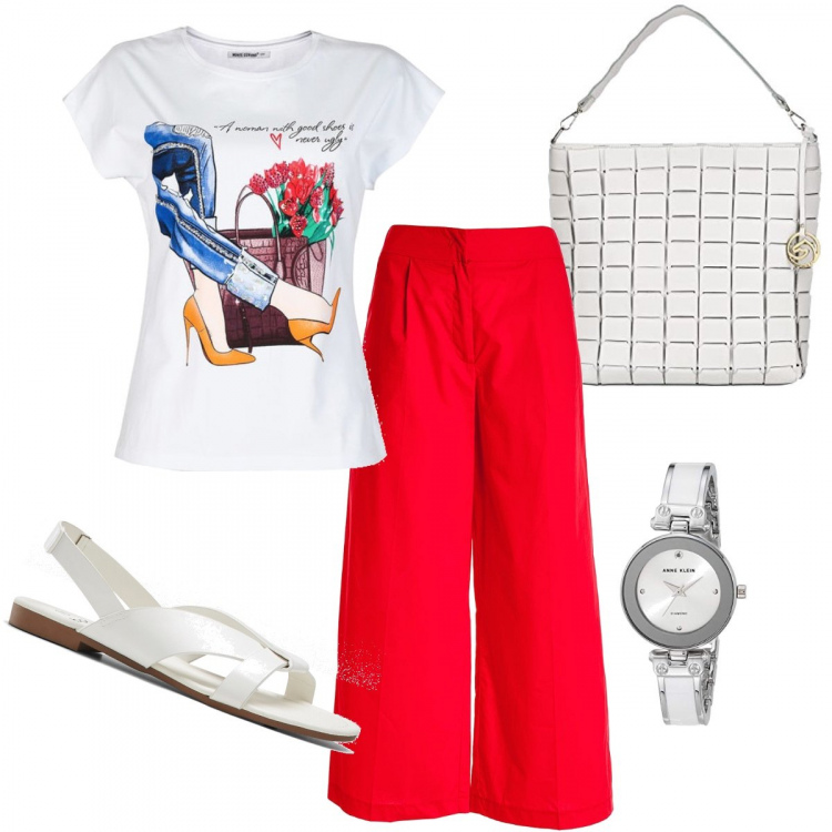 Outfit donna - Giornate casual. Stile Casual per Tutti i giorni. Abbinamento con sandali, t-shirt, pantaloni culotte, shopping bag, orologi.