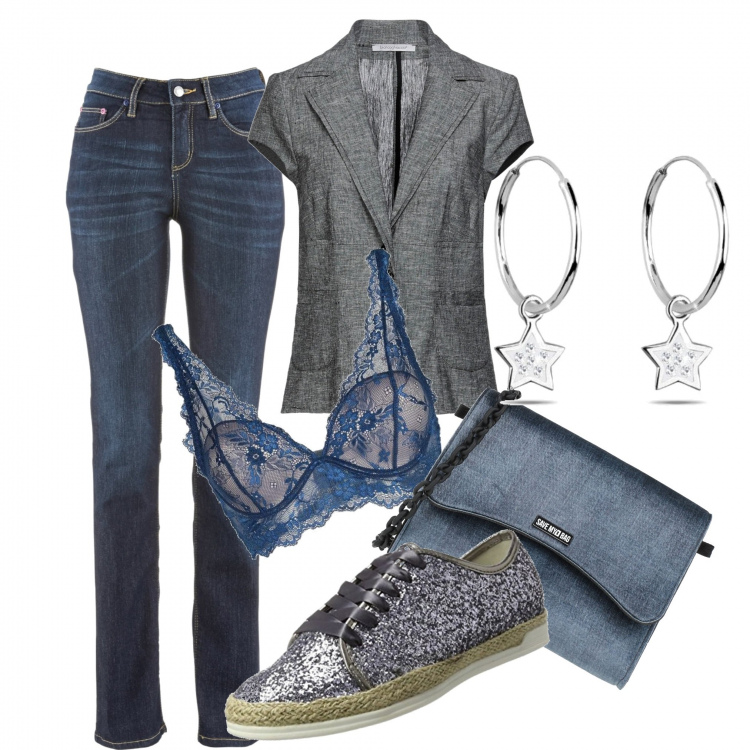 Outfit donna - Grigio e blu tonight. Stile Casual chic per Serata fuori. Abbinamento con jeans dritti, blazer, borse a tracolla, bralette, orecchini, scarpe stringate.