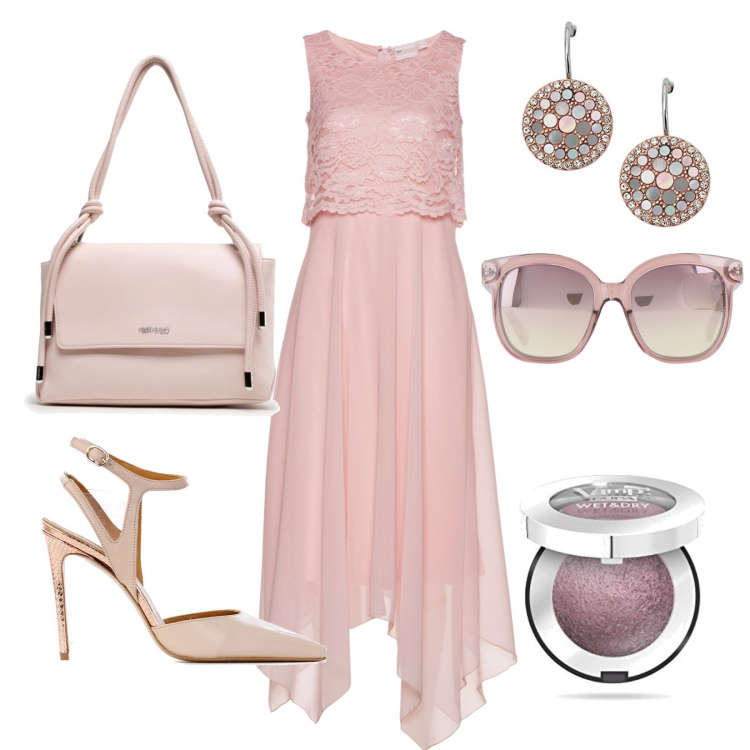 Outfit donna - Damigella rosa. Stile Glamour per Cerimonia. Abbinamento con vestiti midi/longuette, occhiali da sole, décolleté, borse a spalla, ombretti, orecchini.