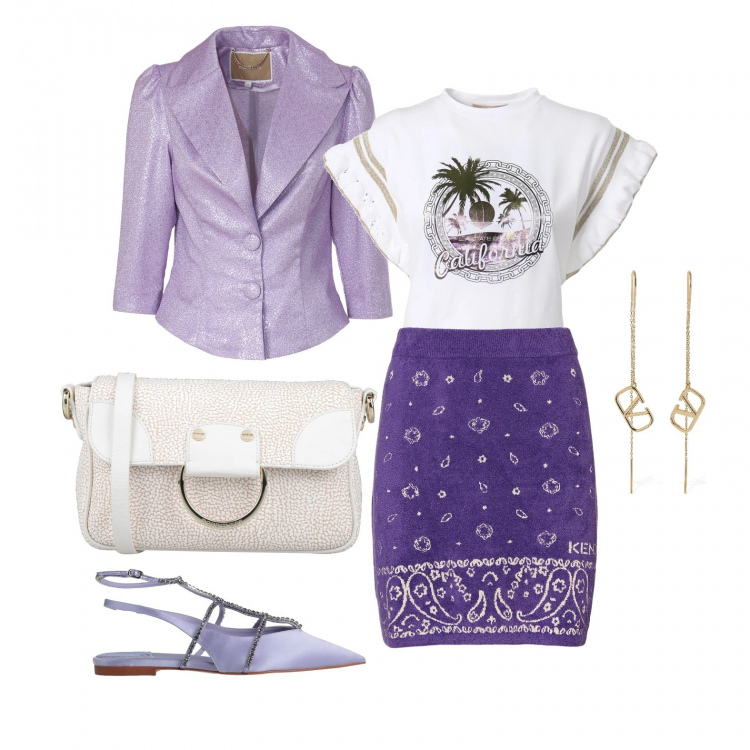 Outfit donna - Mi sento ancora in vacanza. Stile Glamour per Ufficio. Abbinamento con ballerine, borse a tracolla, giacche, t-shirt, minigonne, orecchini.