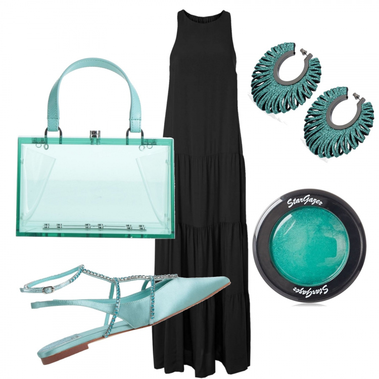 Outfit donna - Accessori acquamarina. Stile Urban per Serata fuori. Abbinamento con ballerine, borse a mano, vestiti lunghi, ombretti, orecchini.