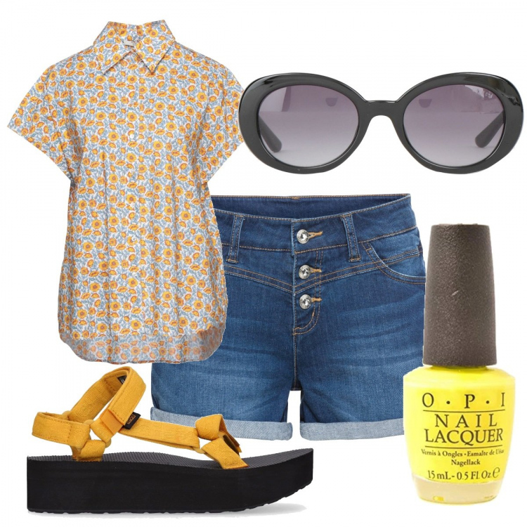 Outfit donna - Total look #1394105. Stile Sporty chic per Mare. Abbinamento con shorts, camicie a manica corta, occhiali da sole, sandali, smalti.
