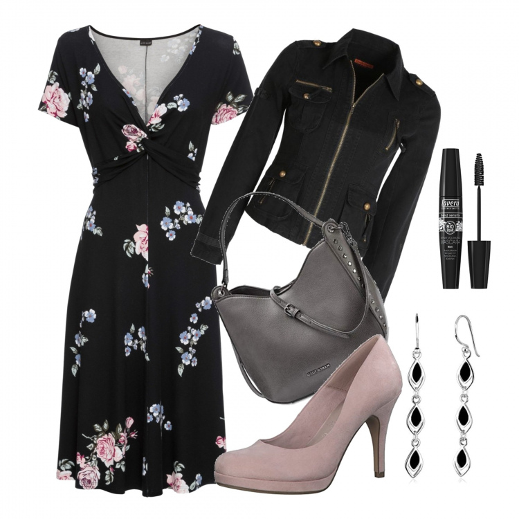 Outfit donna - Ancora un po\' di fiori. Stile Casual chic per Serata fuori. Abbinamento con vestiti lunghi, blazer, décolleté, borse a tracolla, mascara, orecchini.