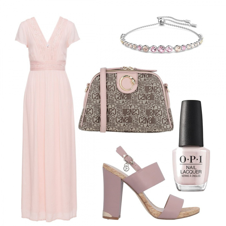 Outfit donna - Sabato chic. Stile Chic per Cerimonia. Abbinamento con vestiti lunghi, borse a tracolla, sandali col tacco, braccialetti, smalti.