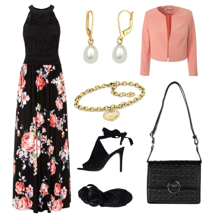 Outfit donna - L\'abito lungo fiorato. Stile Romantica per Cerimonia. Abbinamento con vestiti lunghi, sandali col tacco, borse a tracolla, blazer, braccialetti, orecchini.