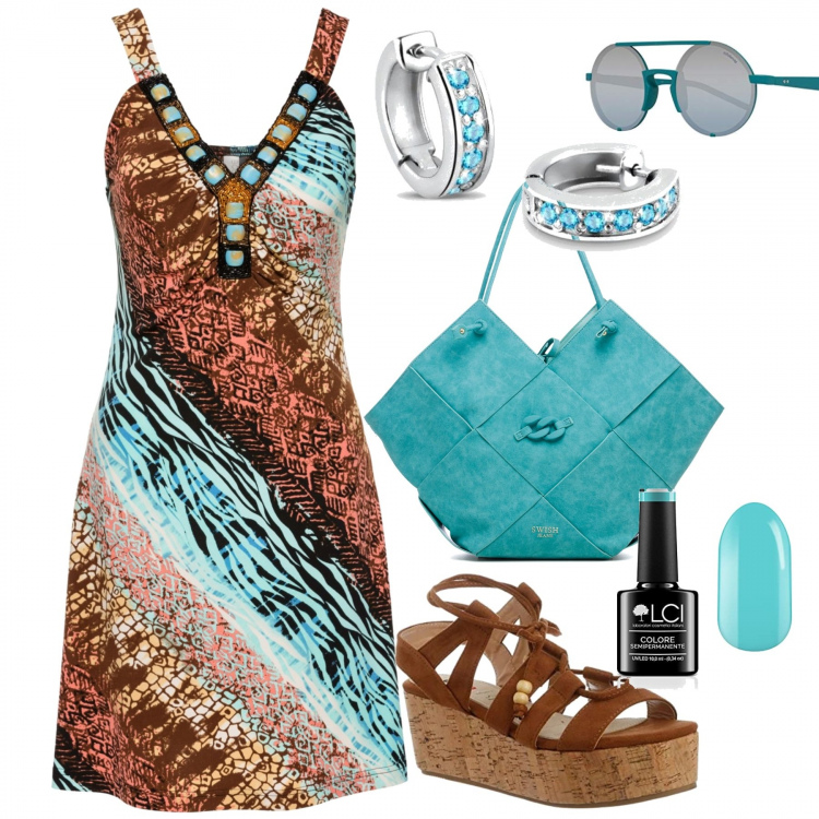 Outfit donna - Al mare. Stile Casual per Mare. Abbinamento con vestiti, borse a spalla, sandali col tacco, orecchini, occhiali da sole, smalti.