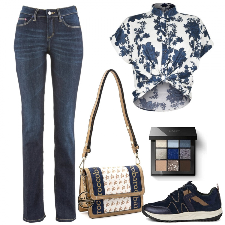 Outfit donna - Casual chic. Stile Casual chic per Tutti i giorni. Abbinamento con jeans dritti, camicie a manica corta, borse a tracolla, sneakers, ombretti.