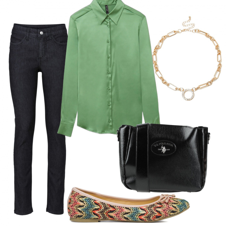 Outfit donna - Casual di giorno. Stile Casual per Tutti i giorni. Abbinamento con jeans skinny, borse a tracolla, camicie, collane, ballerine.
