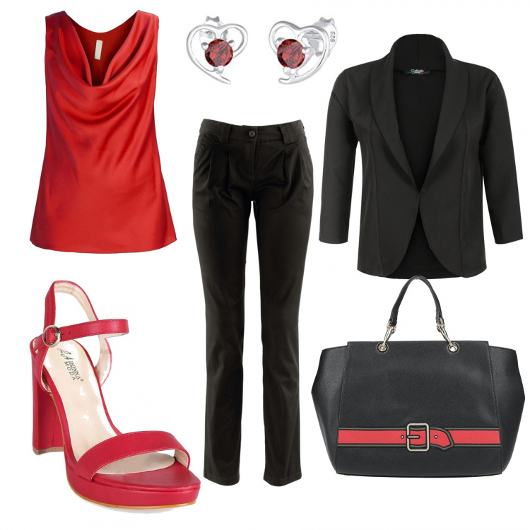 Outfit donna - Eleganza nonostante il caldo. Stile Mannish per Ufficio. Abbinamento con pantaloni chino, borse a mano, top, sandali in pelle, blazer, orecchini.