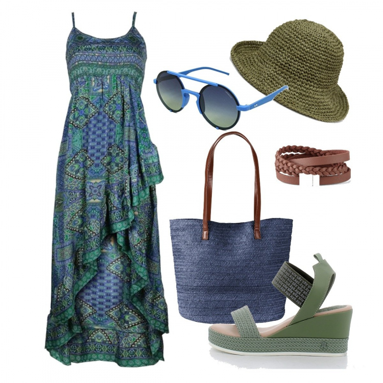 Outfit donna - Boho style - prima versione. Stile Boho per Tutti i giorni. Abbinamento con shopping bag, braccialetti, vestiti asimmetrici, cappelli con visiera, zeppe, occhiali da sole.