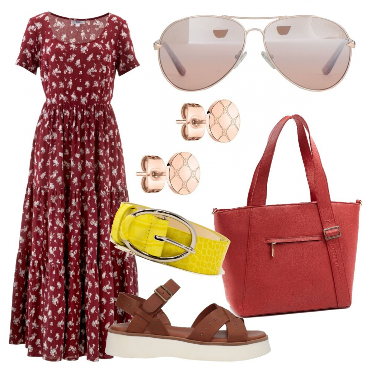 Outfit donna - Total look #1394704. Stile Boho per Mare. Abbinamento con vestiti lunghi, sandali in pelle, occhiali da sole, cinture, shopping bag, orecchini.