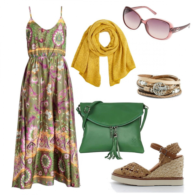 Outfit donna - Boho style - seconda versione. Stile Boho per Tutti i giorni. Abbinamento con braccialetti, vestiti lunghi, zeppe, borse a tracolla, occhiali da sole, sciarpe.