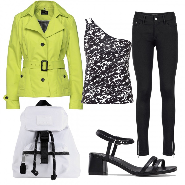 Outfit donna - Nel caso dovesse piovere. Stile Casual chic per Tutti i giorni. Abbinamento con pantaloni, top, sandali col tacco, cappotti, zaini.